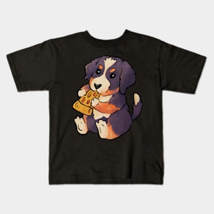 Cute Bernese Mountain Dog Puppy Eating Pizza Kids T-Shirt